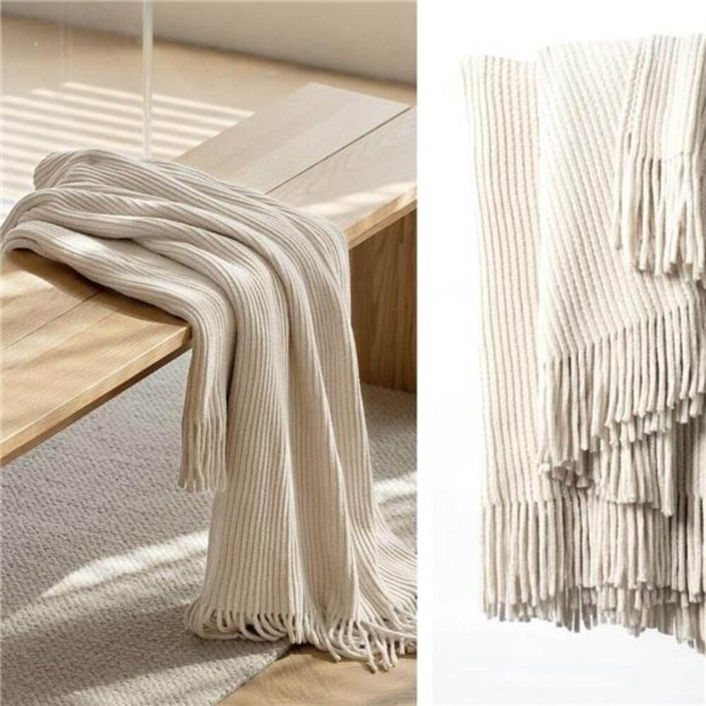 NEW West Elm Boho Cream Ivory Tassel Chenille Knit Throw Blanket - 50" x 60"